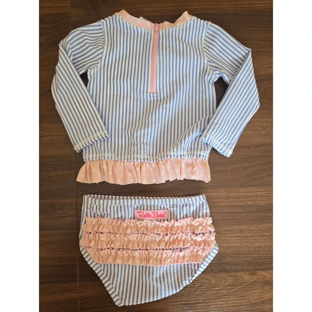 RuffleButts Girls Blue‎ Seersucker Striped Rash Guard Swimsuit Set 18-24M